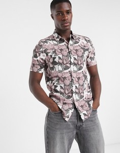 Светло-бежевая рубашка с цветочным принтом и короткими рукавами Topman-Светло-бежевый