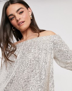 Серебристый топ с вырезом лодочкой и отделкой пайетками River Island-Серебряный