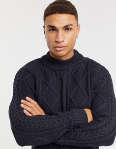 Темно-синий джемпер в косичку с высокой горловиной Jack & Jones Premium