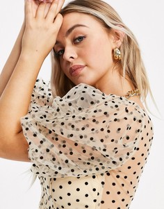 Бежевый укороченный топ из сетчатой ткани с объемными рукавами Missguided