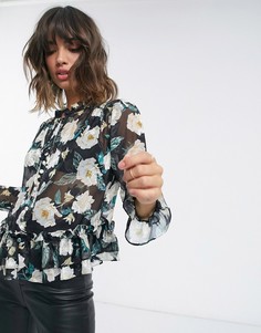 Черная блуза на пуговицах с цветочным принтом River Island-Черный