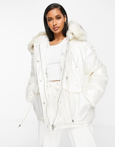 Oversized-пуховик из винила с отделкой из искусственного меха на капюшоне Sixth June-Белый