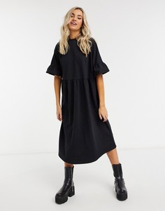 Черное трикотажное oversized-платье миди с рукавами-оборками ASOS DESIGN-Черный