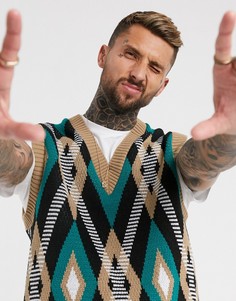 Зеленый вязаный джемпер без рукавов с ромбами ASOS DESIGN-Мульти