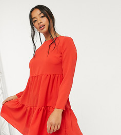 Красное свободное ярусное платье мини с длинными рукавами ASOS DESIGN Petite-Красный