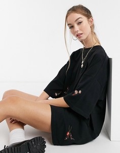 Черное свободное платье-футболка черного цвета в стиле oversized с мелкой цветочной вышивкой по всему изделию ASOS DESIGN-Черный