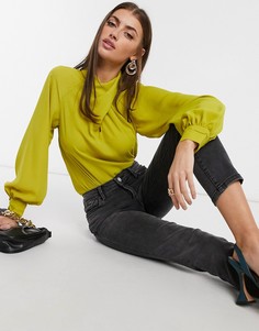 Топ с длинными рукавами и воротником с драпировкой ASOS DESIGN зеленовато-желтого цвета-Бесцветный