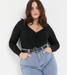 Черный боди с v-образным вырезом, длинным рукавом и сборками ASOS DESIGN Curve