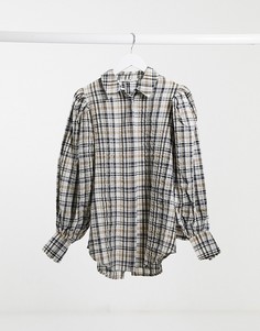 Коричневая oversized-рубашка в клетку с пышными рукавами NA-KD-Коричневый