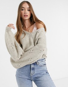 Серо-коричневый джемпер с V-образным вырезом и узором на рукавах ASOS Design-Светло-бежевый