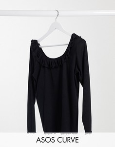Черный топ в рубчик с широкой горловиной и рюшами Vero Moda Curve