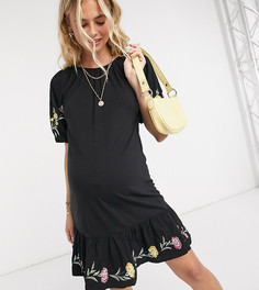 Черное свободное платье миди с вышивкой и пышными рукавами ASOS DESIGN Maternity-Белый