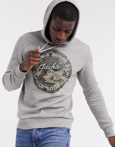Худи с камуфляжным принтом и логотипом Jack & Jones-Серый