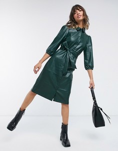 Темно-зеленое платье миди из искусственной кожи с поясом Vero Moda-Зеленый