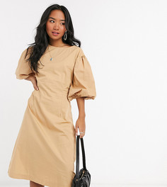 Поплиновое платье миди песочного цвета с пышными рукавами Vero Moda Petite-Светло-коричневый