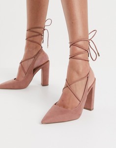 Темно-серые туфли на блочном каблуке с завязками ASOS DESIGN Pascal-Бежевый
