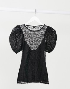 Черный кружевной топ с пышными рукавами River Island
