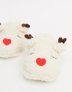 Кремовые новогодние тапочки с оленями Truffle Collection-Кремовый