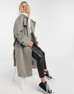 Серый тренч из твила с начесом ASOS DESIGN