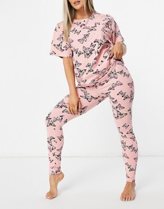 Розовый пижамный комплект (oversized-футболка и леггинсы) с бабочками ASOS DESIGN