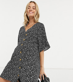 Черное свободное платье мини на пуговицах с V-образным вырезом и цветочным принтом ASOS DESIGN Petite-Мульти