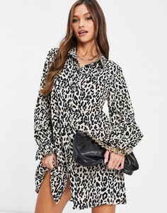 Платье-рубашка с оборками на манжетах и с леопардовым принтом Missguided-Светло-бежевый
