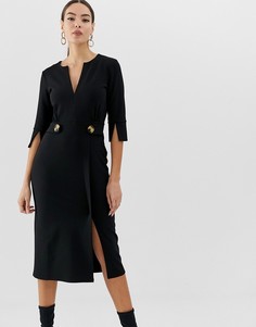 Платье-футляр миди с V-образным вырезом и пуговицами ASOS DESIGN-Черный
