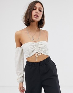 Присборенный кроп-топ с длинными рукавами Bershka-Кремовый