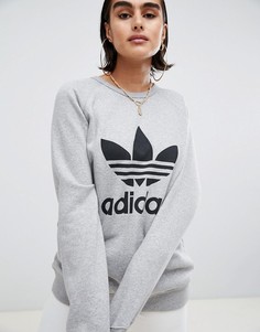 Серый свитшот бойфренда с логотипом-трилистником Adidas Originals