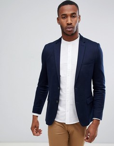 Темно-синий приталенный блейзер из трикотажа Burton Menswear