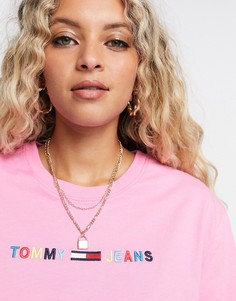 Розовая футболка с разноцветным логотипом Tommy Jeans-Розовый