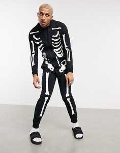 Комбинезон с капюшоном и серебристым принтом скелета ASOS DESIGN Halloween-Черный