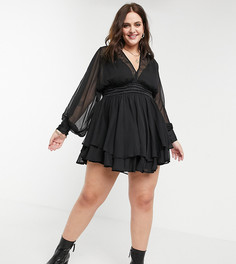 Свободное платье мини с кружевными вставками и шнуровкой ASOS DESIGN Curve-Черный