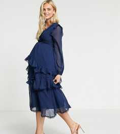 Платье миди с длинными рукавами и отделкой воланами ASOS DESIGN Maternity-Темно-синий