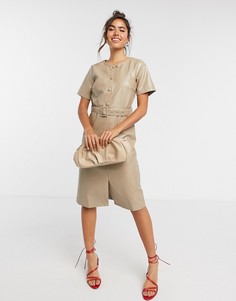 Бежевое платье из искусственной кожи с поясом и пуговицами Vila-Бежевый