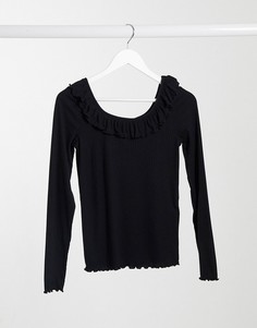 Черный топ в рубчик с широкой горловиной и рюшами Vero Moda