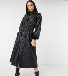 Черное платье-рубашка миди из искусственной кожи со сборками на талии ASOS DESIGN Tall-Черный