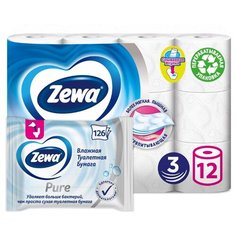 Набор Zewa Туалетная бумага Deluxe трехслойная белая 12 рул. + салфетки влажные Pure 126 шт