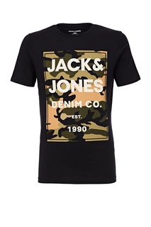 Черная хлопковая футболка с камуфляжным принтом Jack & Jones