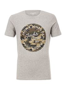 Серая хлопковая футболка с камуфляжным принтом Jack & Jones