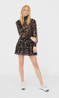 Stradivarius Платье С Цветочным Принтом И Воланами Женская Коллекция Черный S
