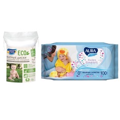 Влажные салфетки AURA 100шт + Солнце и Луна ECO Ватные диски хлопковые 40шт