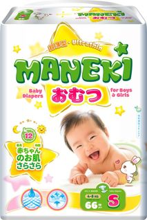 Подгузники детские одноразовые MANEKI, размер S, 4-8 кг, 66 шт. упак