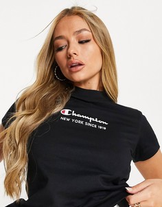 Черная футболка с высоким воротником и логотипом Champion-Черный