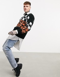 Фактурный трикотажный джемпер с узором в клетку и леопардовым рисунком ASOS DESIGN-Бежевый