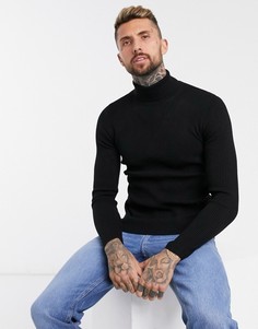 Черный облегающий джемпер в рубчик с отворачивающимся воротником ASOS DESIGN