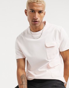 Свободная футболка из плотного трикотажа в рубчик с карманом в розовом цвете ASOS DESIGN-Розовый