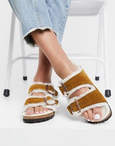 Коричневые сандалии с отделкой искусственным мехом Birkenstock Arizona-Светло-коричневый