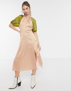 Атласное чайное платье миди из ткани разного цвета в горошек ASOS DESIGN-Мульти