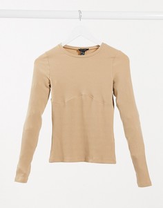 Бежевый топ в рубчик с декоративным швом New Look